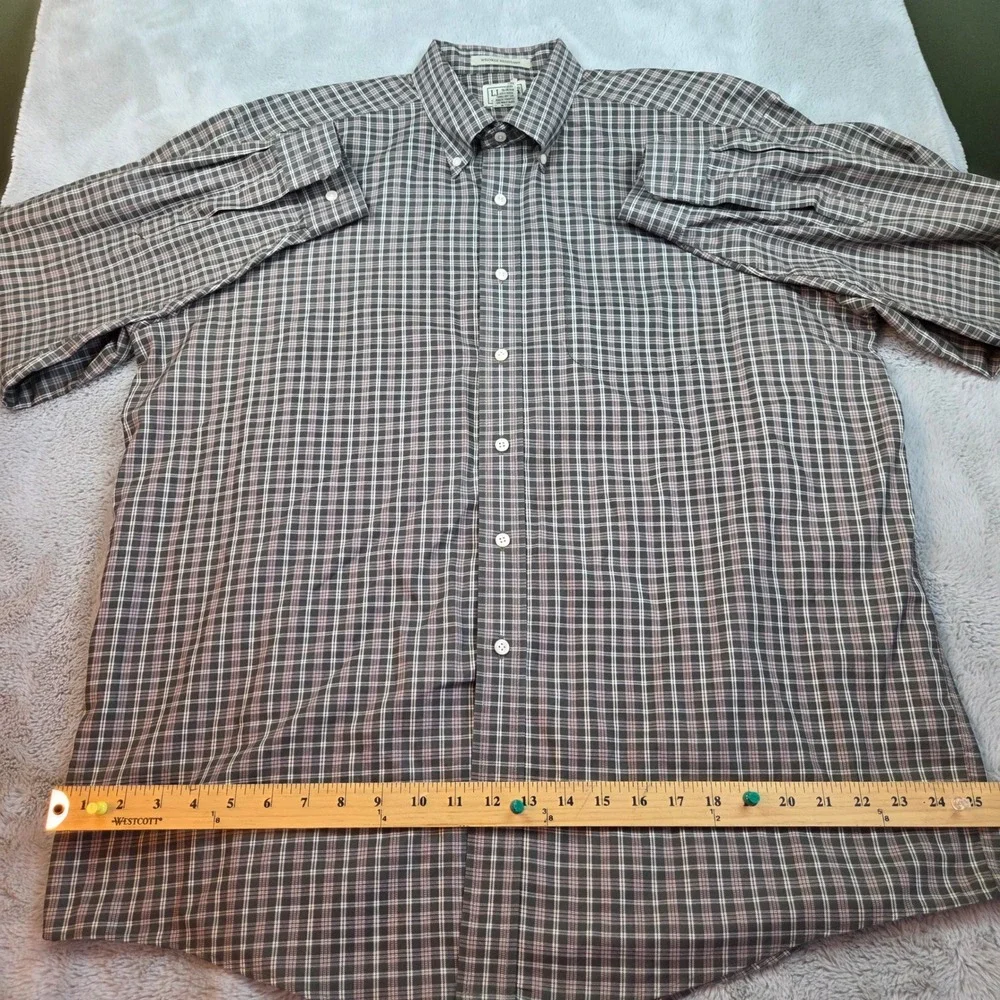 L.L. Bean Button Front Mens XL-REG Plaid Wrinkle Resistant Grey 100% Cotton